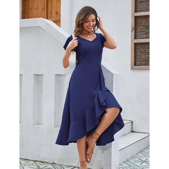 V Neck Formal Dress Ruffle Sleeves High-Low Flowy Casual Evening - Picture 2 of 6